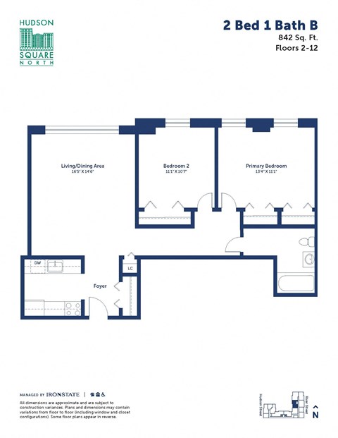 Floor plan for 2 beds, 1 bath, 842 sqft